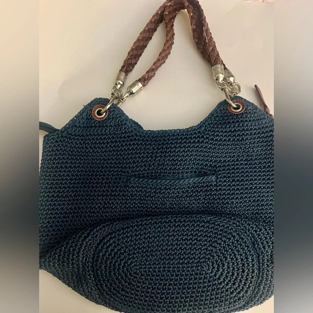 The Sak Indio Crochet Tote Blue Knit Bag Braided Faux Leather Straps - Picture 3 of 15